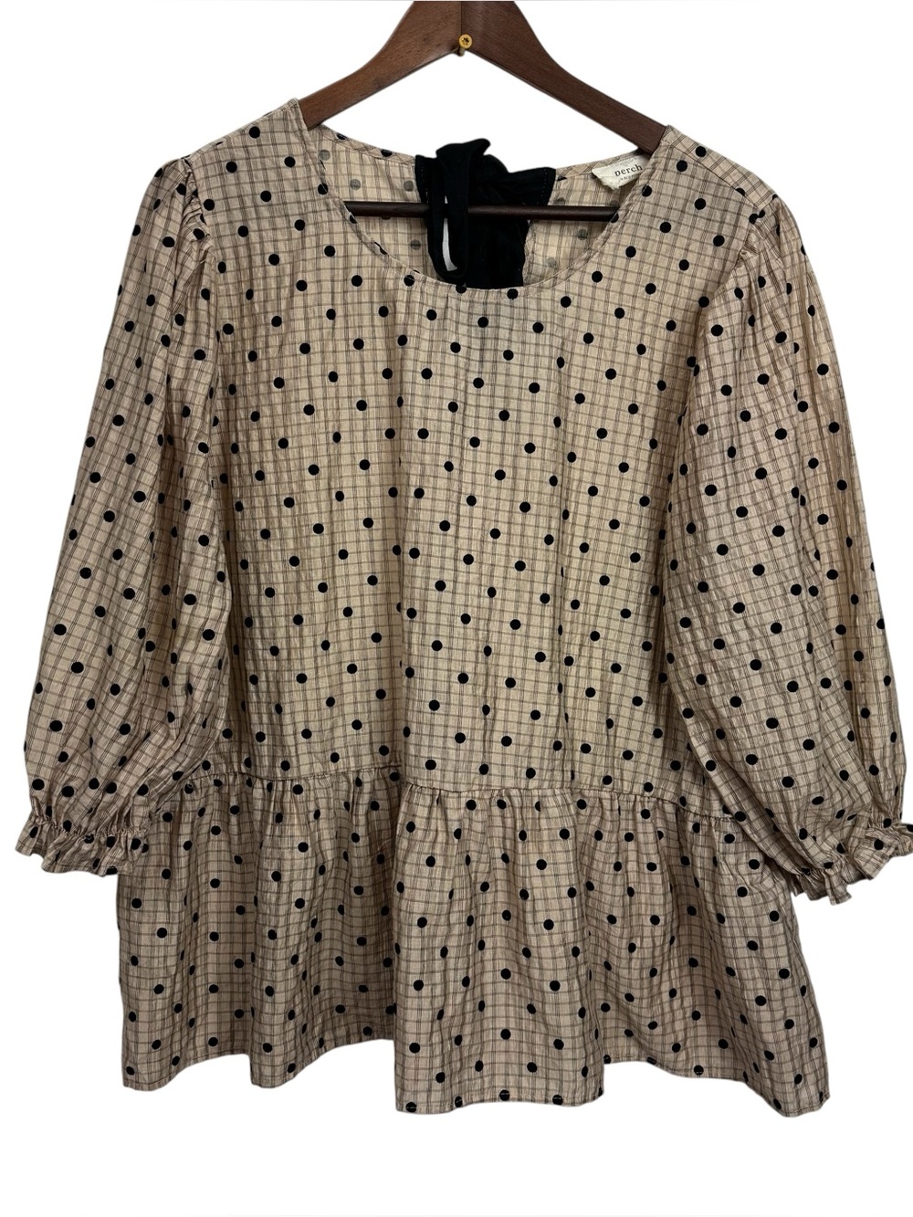 Perch by Blue Pepper Polka Dot Peplum Blouse in Beige and Black 1XL